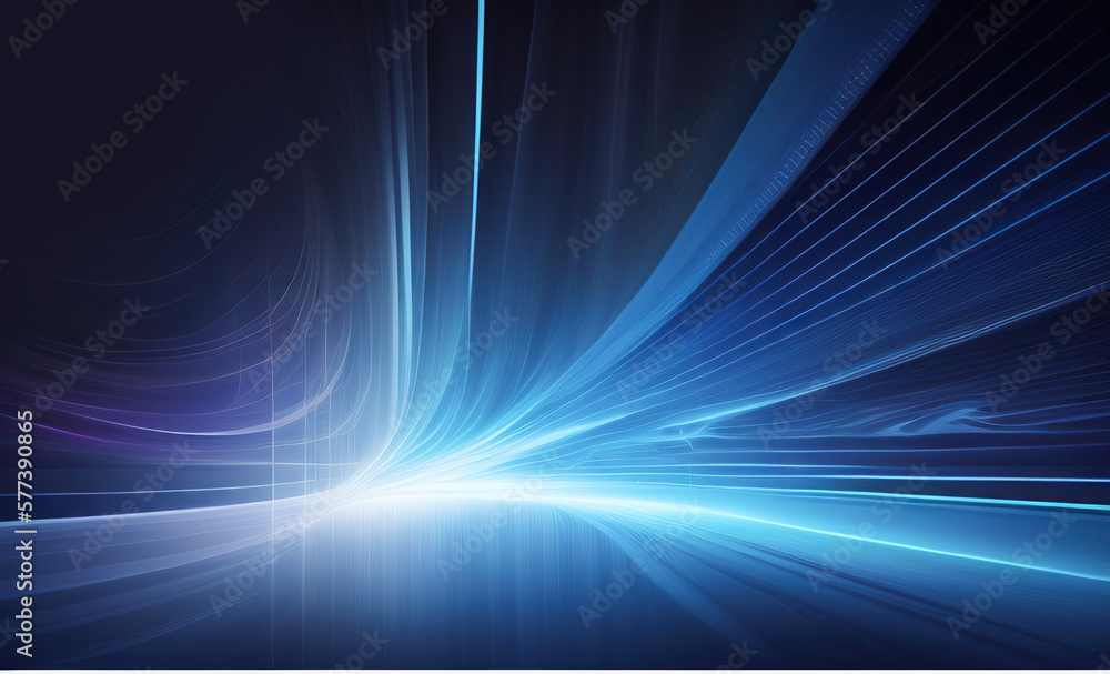 Poster Beautiful abstract futuristic dark background with with many lines neon blue glow. AI generated.