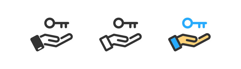 Hand with key icon on light background. Property symbol. Rent, business, private, personal, safety, key, lock. Outline, flat and colored style. Flat design. Vector illustration.