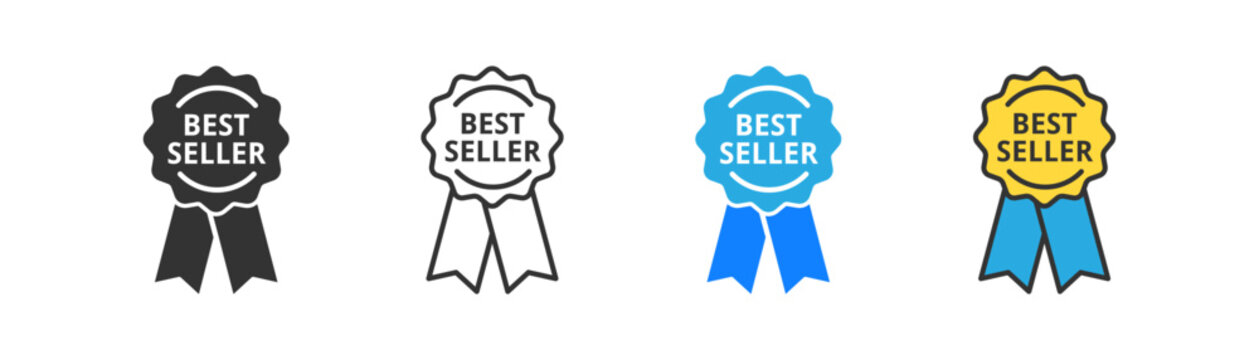 Best seller icon on light background. First place symbol. Sale, badge, medla, ribbon, award, sticker for cover books, products. Outline, flat and colored style. Flat design. Vector illustration.