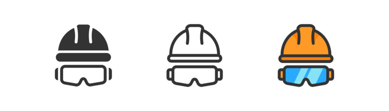 Protection glasses and hardhat icon. Safety first symbol. Worker, builder, helmet, manufacture, engineer, personal protect. Outline, flat and colored style. Flat design. Vector illustration.