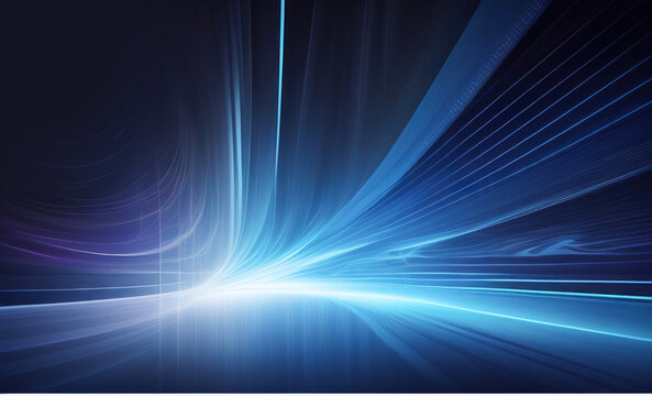 Beautiful abstract futuristic dark background with with many lines neon blue glow. AI generated.