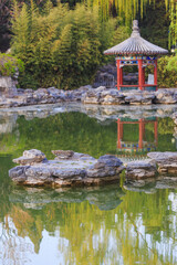 Beijing Ritan Park in spring, the circular pavilion by the lake