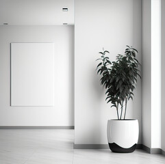 Modern minimalist interior with a plant in a fashionable vase on a white wall background