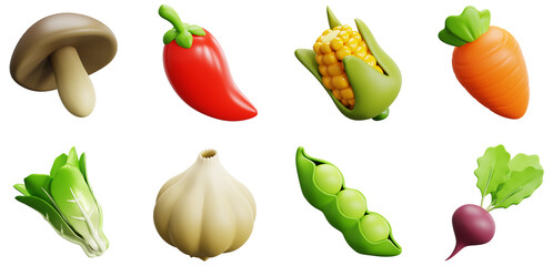 3D Vegetables Set Corn Green Peas Carrot Beetroot Garlic Lettuce Chili Pepper Mushroom Vitamins Farming Agriculture Gardening Healthy food UX UI icons Web Design elements set 3d rendering illustration