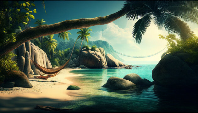 paesaggio di mare idilliaco con palme, generative ai