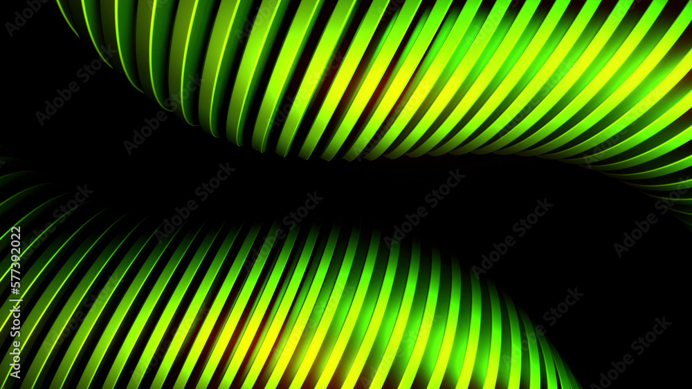Poster dark background. design. iridescent multi-colored stripes in 3d format that expand and bend inward.
