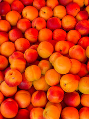 lots of ripe peaches healthy food fruits as background