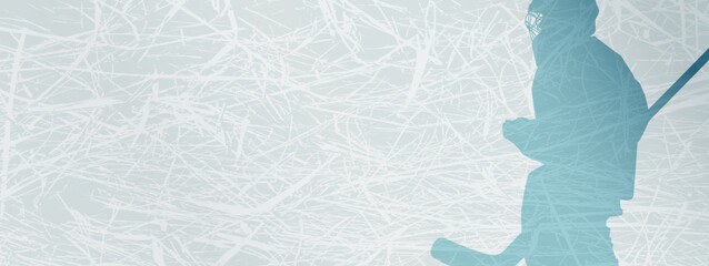 Silhouette of a hockey goalkeeper a muted dark blue tint on a ice background. Sports dynamic illustration with place for text, advertising, promotion, etc.