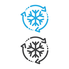 Freezer control icon, auto cooling or defrost, conditioning car or house, snowflake with rotation arrows.