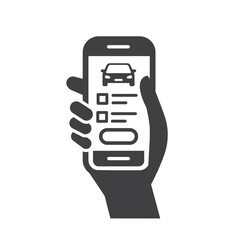 Online car registration line icon with a phone in hand.