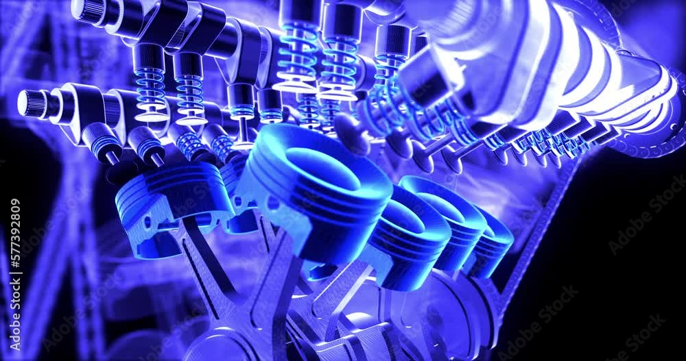 Fototapete close up v8 engine animation with moving engine parts. machines and industry related 4k 3d animation