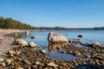 View of the shore and Gulf of Finland in spring, Furuvik nature preserve area, Hanko, Finland