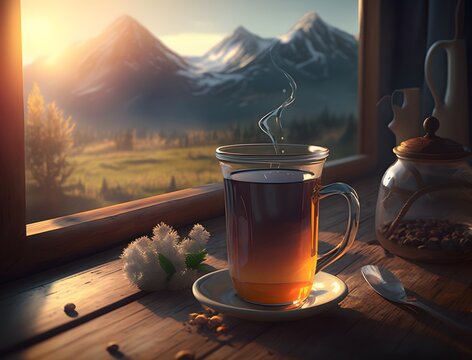 Morning Tea with a View: Enjoying a Cup of Hot Tea with a Mountain Landscape Through the Window, Generative AI