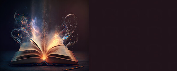magic book with knowledge light, magical swirls and power, very old alchemy book, education, learning, mystic, esoteric, spiritual. Concept believe in your own power. Generated AI. - obrazy, fototapety, plakaty