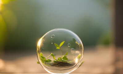 Sustainability: a bubble or soap bubble / glass ball with a healthy plant inside with a empty garden bokeh as background. Depicting conservation, protection and the environment. Wallpaper Banner