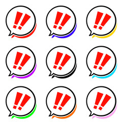 赤いダブルエクスクラメーションマークとカラフルの影のまんまるふきだし