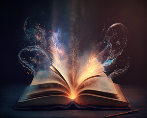 magic book with knowledge light, magical swirls and power, very old alchemy book, education, learning, mystic, esoteric, spiritual. Concept believe in your own power. Generated AI.