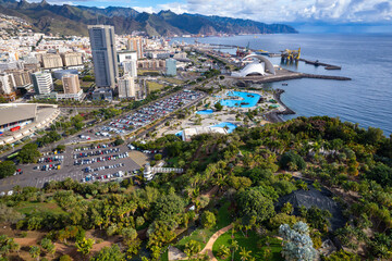 Aerial view above the beautiful city of Santa Cruz de Tenerife in the Canary Islands in Spain