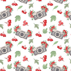Watercolor seamless pattern grey retro cameras and red viburnums png