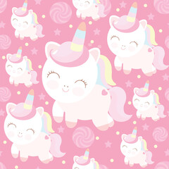 Cute pastel unicorn and sweets seamless pattern on pink background.