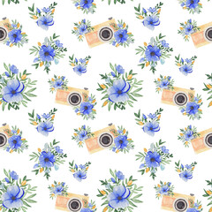 Watercolor seamless pattern with retro camera and blue flowers png 