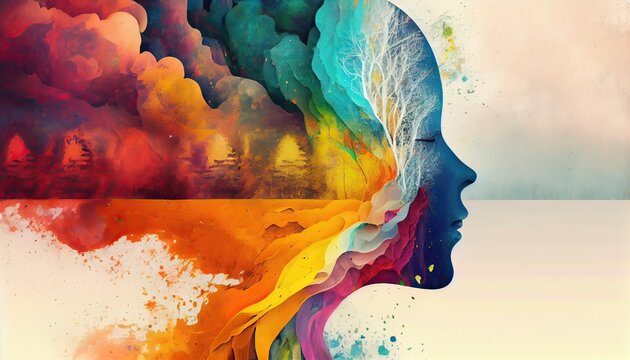 human brain concept. Creative part and colorful forest and nature. Colorful vector brain illustration, brain hand-drawn painting of forest nature. Non-existent person. Generative Ai