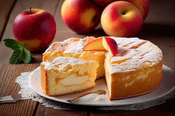 Sponge cake or chiffon cake with apples, so soft and delicious with ingredients: eggs, flour, apples on wooden table. Homemade bakery concept for background and wallpaper. Generative Ai. - obrazy, fototapety, plakaty