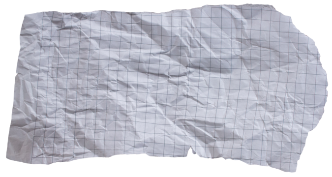 Crumpled graph paper on transparent background. Png paper piece.