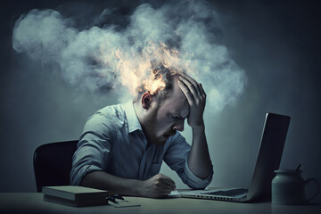 man at work on laptop with head on fire due to burnout, created with generative ai - obrazy, fototapety, plakaty