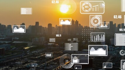 Business data analytic interface fly over smart city showing alteration future of business intelligence. Computer software and artificial intelligence are used to analyze big data for strategic plan .