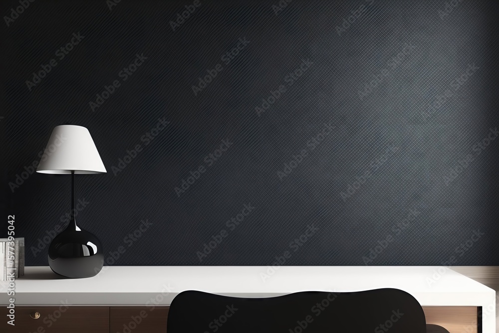 Poster Beautiful minimalistic presentation background with a table and a white lamp against a black textured wall. AI generated.