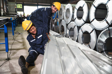 African American engineer woman injured leg kneel pain and friend helping in metal sheet factory