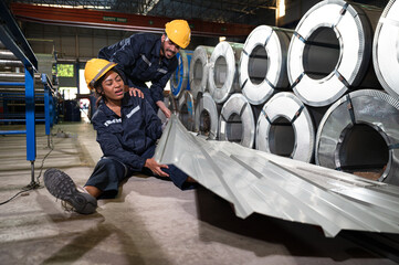 African American engineer woman injured leg kneel pain and friend helping in metal sheet factory