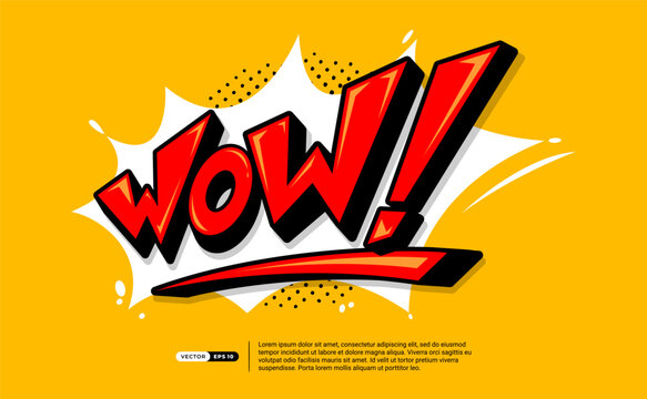 Wow Text Comic Speech Bubble in Cartoon Style 3d Bold Concept. Expression Text Wow with Retro Pop Art Style Halftone Background. Vector