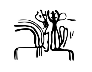 Vector illustration of rock paintings depicting domestic animals in a pasture. Prehistoric rock petroglyphs discovered in Armenia