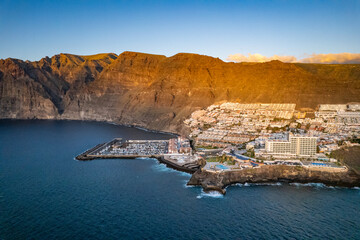 Aerial sunset view of Los Gigantes in Tenerife Canary Islands Spain