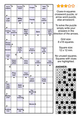 Clues-in-squares crossword puzzle, or arrow word puzzle, else arrowword, or scanword. Answer included.
