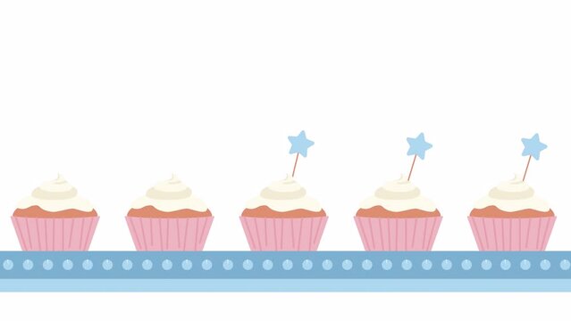 Animated cupcakes decorating loader. Desserts on assembly line. 4K video footage with alpha channel transparency. Download, upload progress. Color cartoon style loading animation for web design