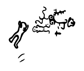 Fototapeta premium Vector illustration of rock paintings depicting people hunting for wild artiodactyls. Prehistoric rock petroglyphs discovered in Armenia