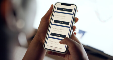 Job search, smartphone screen and hands on recruitment website, we are hiring or hr software on mobile app. Ux design, Human Resources marketing or advertising for career SEO search engine technology
