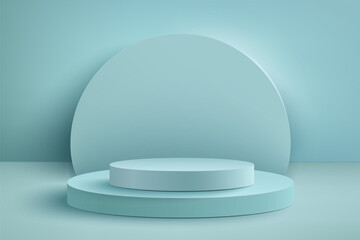 Abstract 3D realistic blue empty round podiums. Minimal scene for product display presentation. Award ceremony concept. Abstract scene with cylindrical podiums