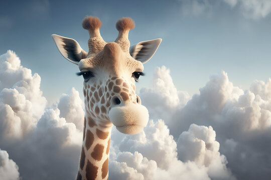 Giraffe in the clouds, closeup of giraffe head  in the clouds on blue sky background, generative ai