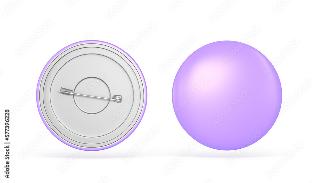 Poster purple badge, circle pin button front and back view 3d render icons set. realistic mockup of blank r