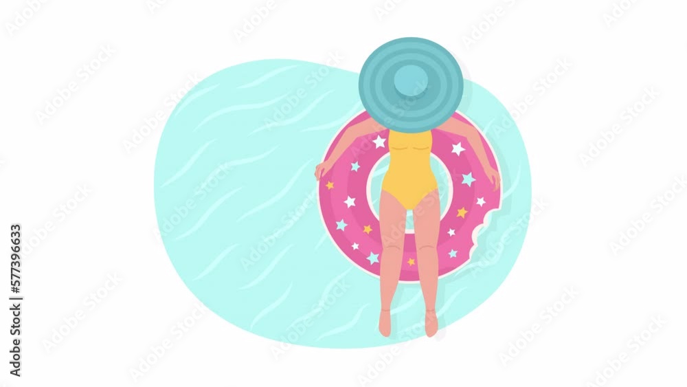 Poster animated lady on pool float loader. swimming. flash message 4k video footage. color isolated loading