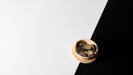 gold and silvers coins on a white and back background, top view