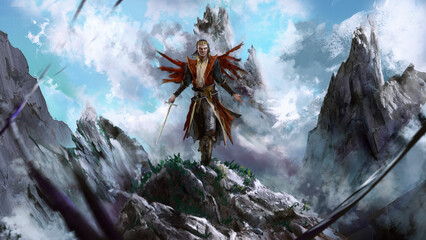 An old wizard in a red cloak, gold jewelry and a crown holds a long sword in his hand. he is standing on top of a mountain, clouds are flying behind him. he is a legendary warrior of good. 2d art © Николай Акатов