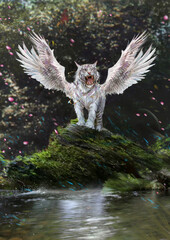 An epic sacred white tiger with angel wings stands on a moss-covered rock in the middle of a lake. his body is adorned with precious stones and gold, magical sparks and petals fly in the air. 2d art