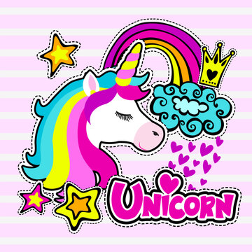 Abstract drawing for t-shirts. Cartoon colorful magic Unicorn for girl kids desing. Fashion illustration drawing in modern style for clothes. Girlish print