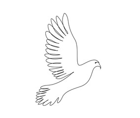 Continuous one line drawing of flying bird. Minimalist bird, pigeon outline design. Editable active stroke vector.