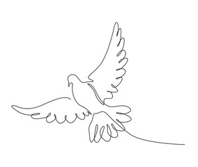 Continuous one line drawing of flying bird. Minimalist bird, dove, pigeon outline design. Editable active stroke vector.